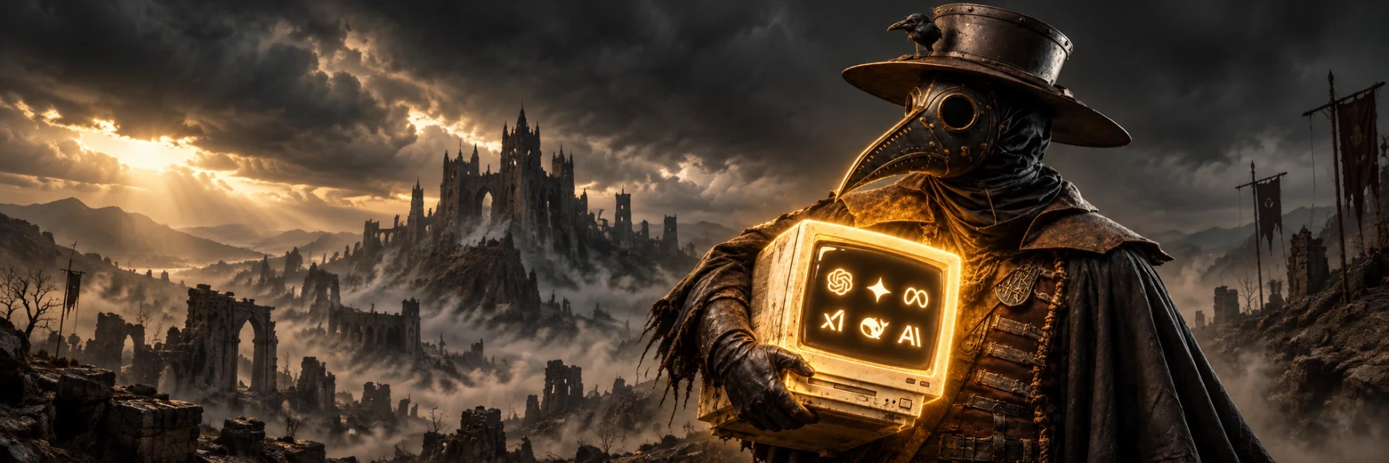 The plague doctor holding the glowing monitor above a ruined castle under a storm sky