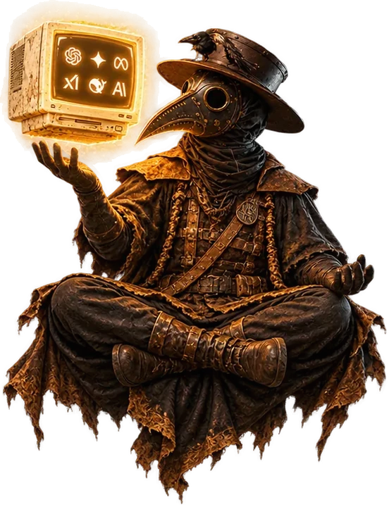 The plague doctor sitting cross-legged in the air, a monitor floating above his raised hand