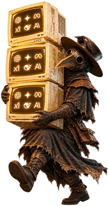 The plague doctor walking with a stack of three glowing monitors in his arms